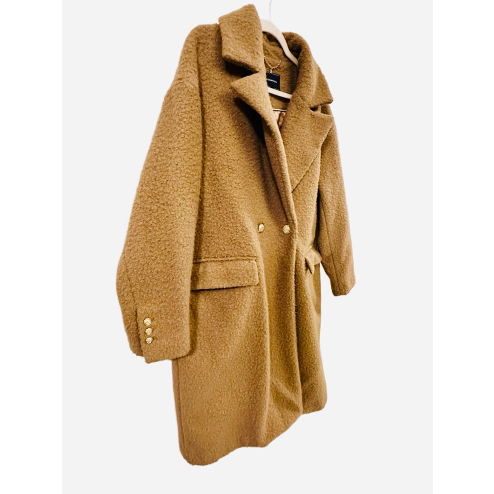 BCBGMAXAZRIA Camel Coat Gold Buttons, Buckei Fabric Notched Collar Lined Large - Picture 5 of 15